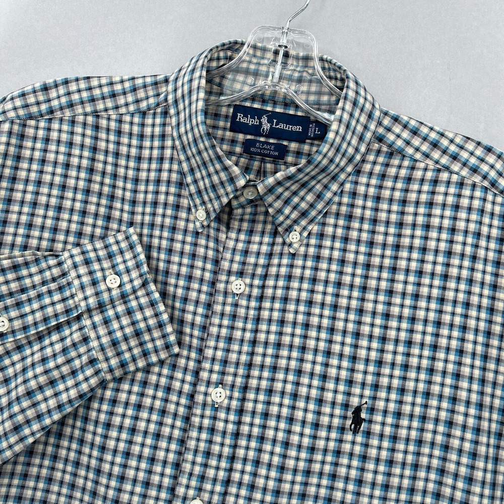 Polo Ralph Lauren Shirt‎ Mens Large Blue Black Plaid Button Blake Vintage